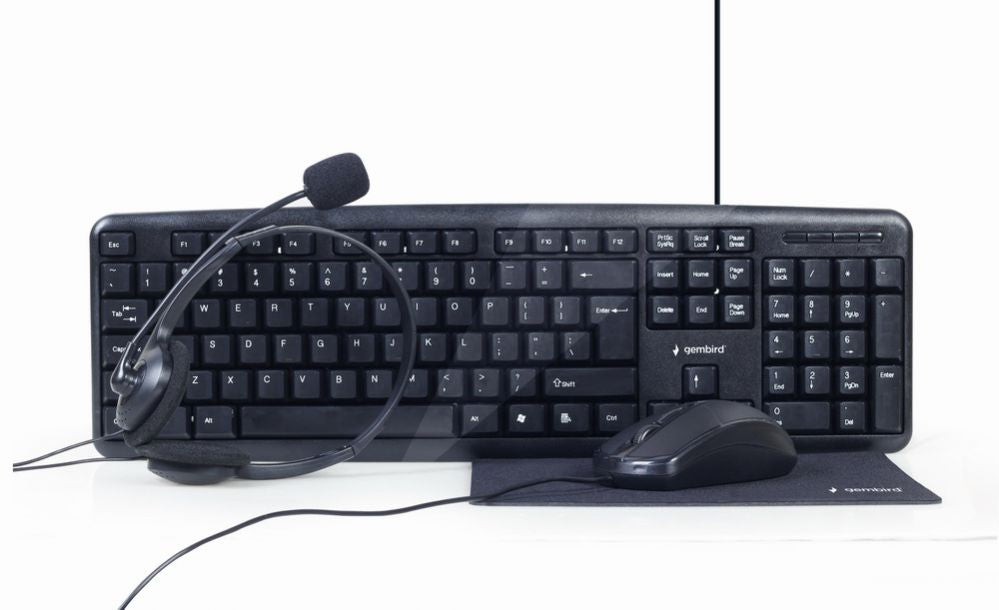 Arvuti klaviatuur Gembird  4-in-1 Multimedia office set KBS-UO4-01 Keyboard, Mouse, Pad and Headset Set, Wired, Mouse included, US, Black