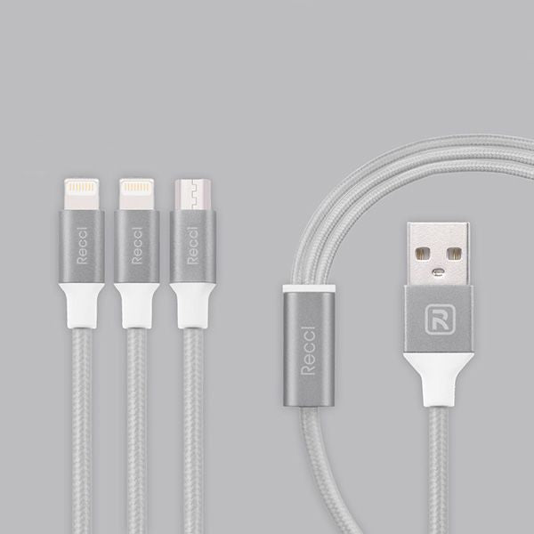 Кабель Recci Universal Delicate RCS-H120 3 in 1 Micro USB + 2 x Lightning Fast Charging 1,2 m Grey