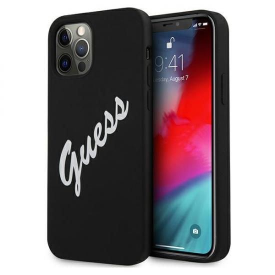 Back panel cover Guess Apple iPhone 12 Pro Max 6.7'' Vintage White Script Silicone Cover Black