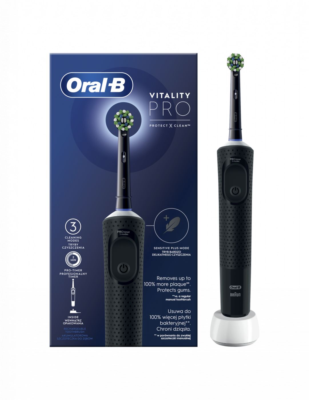 Hambahari Oral-B  Electric Toothbrush D103 Vitality Pro Rechargeable, For adults, Number of brush heads included 1, Black, Number of teeth brushing modes 3
