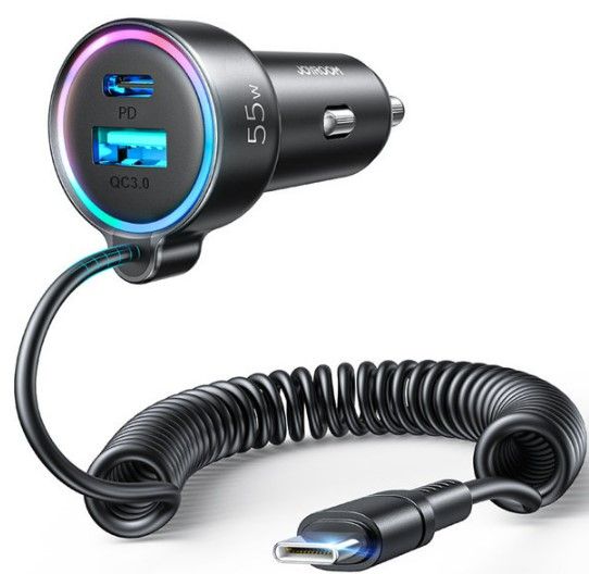 Авто зарядка Joyroom  Fast car charger 3 in 1 with USB Type C cable 1.5m 55W Black