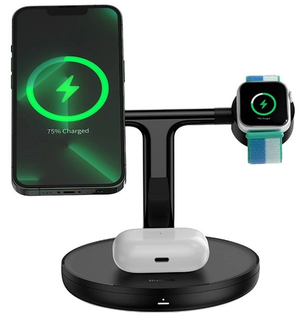 Juhtmeta laadija Baseus Universal Swan inductive charger (compatible with MagSafe) stand for iPhone, Apple Watch, AirPods + 1m USB-C cable Black