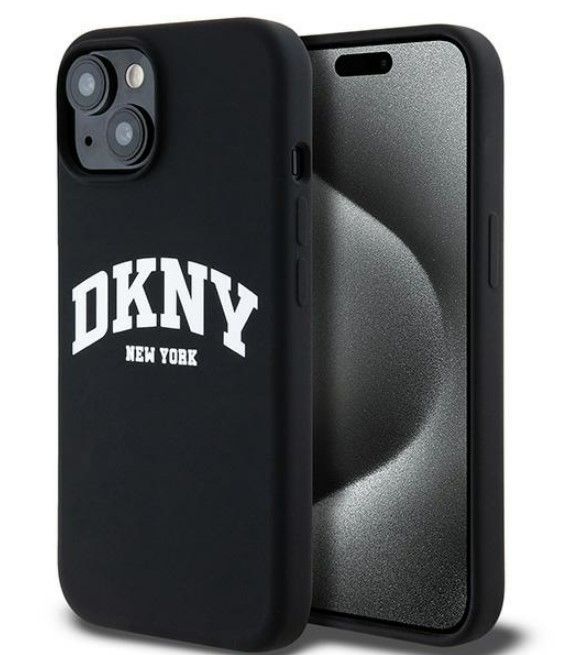 Чехол на заднюю панель DKNY Apple iPhone 15 hardcase Liquid Silicone White Printed Logo MagSafe Black