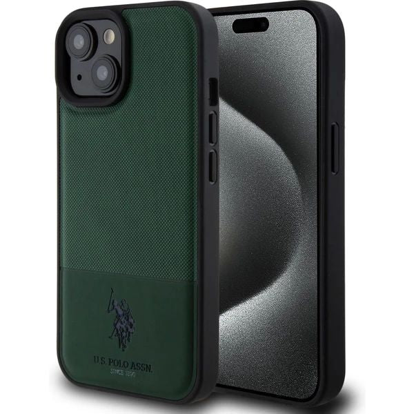 Чехол на заднюю панель U.S. Polo PU Apple iPhone 15 Leather Mesh Pattern Double Horse Case Green