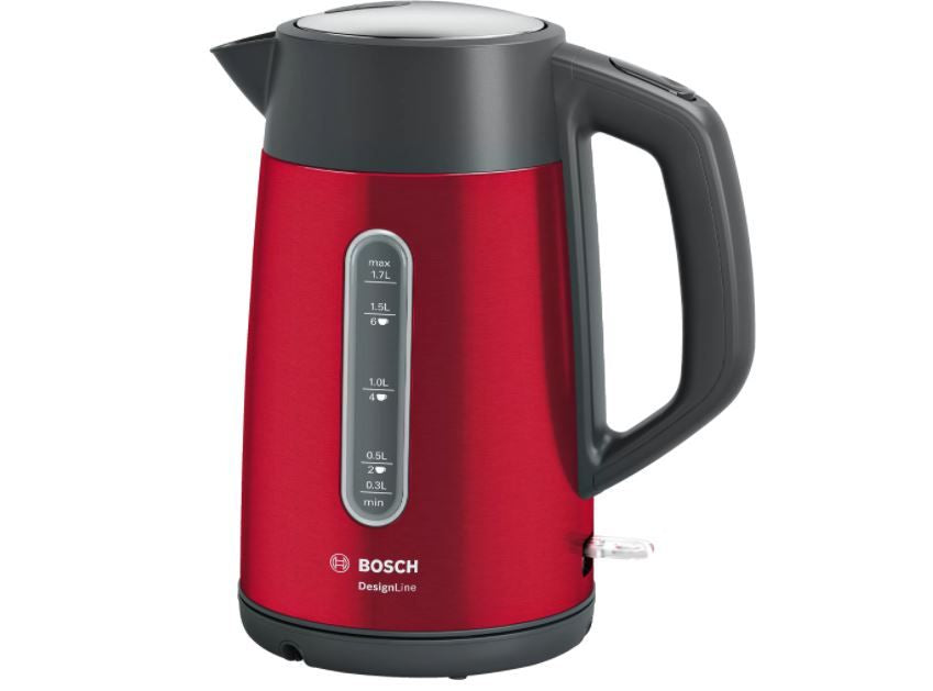 Teapot Bosch  Kettle DesignLine TWK4P434 Electric, 2400 W, 1.7 L, Stainless steel, 360° rotational base, Red/Black