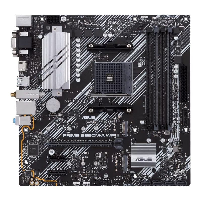 Материнская плата для процессоров Intel Asus  PRIME B550M-A WIFI II Processor family AMD, Processor socket AM4, DDR4 DIMM, Memory slots 4, Supported hard disk drive interfaces 	SATA, M.2, Number of SATA connectors 4, Chipset AMD B550, microATX