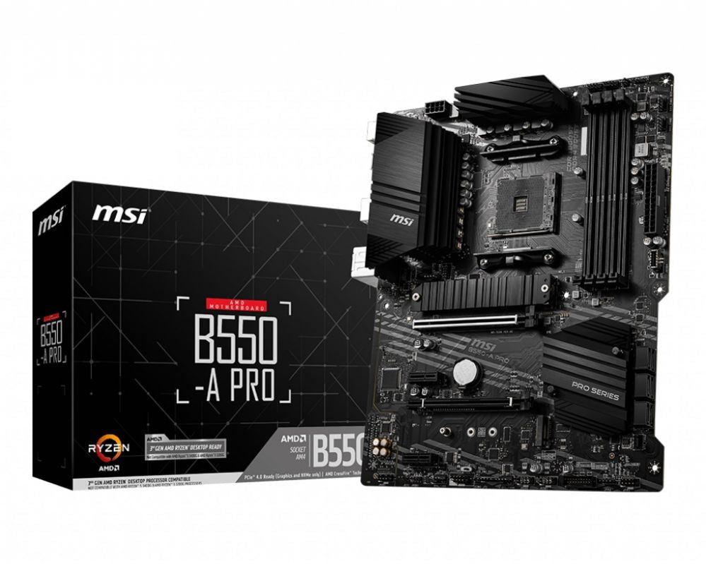 Intel protsessori emaplaat MSI  B550-A PRO Processor family AMD, Processor socket AM4, DDR4 DIMM, Memory slots 4, Supported hard disk drive interfaces 	SATA, M.2, Number of SATA connectors 6, Chipset AMD B550, ATX