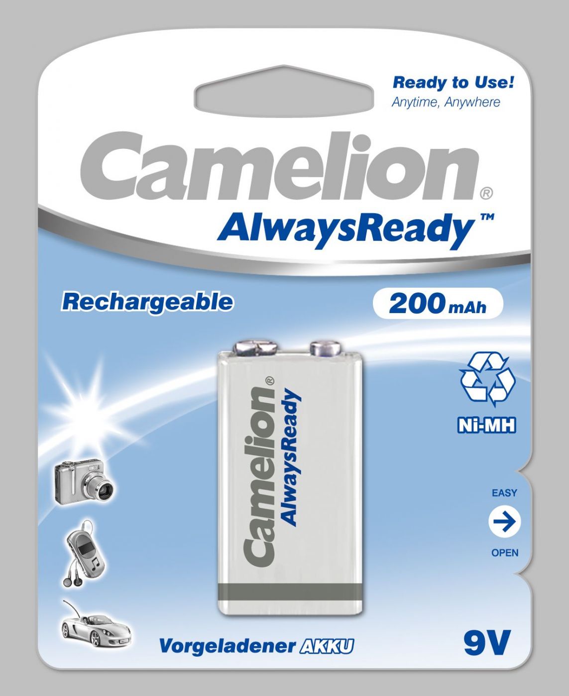 Другой аксессуар для компьютера Camelion  9V/6HR61, 200 mAh, AlwaysReady Rechargeable Batteries Ni-MH, 1 pc(s)
