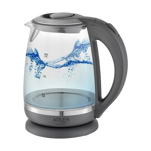 Чайник Adler  Kettle AD 1286 Standard, 2200 W, 2 L, Plastic/ glass, Grey/ transparent, 360° rotational base