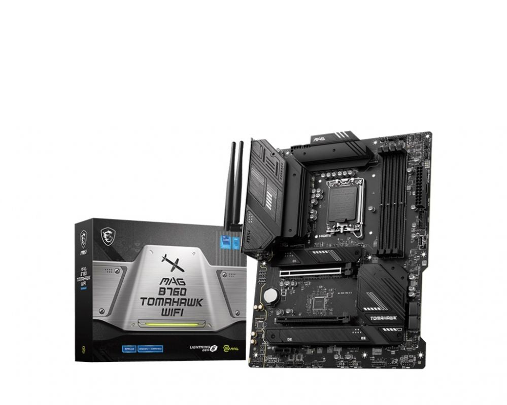 Intel protsessori emaplaat MSI  MAG B760 TOMAHAWK WIFI Processor family Intel Processor socket LGA1700 DDR5 Supported hard disk drive interfaces SATA, M.2 Number of SATA connectors 4