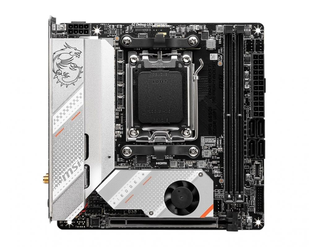 Материнская плата для процессоров Intel MSI  MPG B650I EDGE WIFI Processor family AMD Processor socket AM5 DDR5 DIMM Memory slots 2 Supported hard disk drive interfaces 	SATA, M.2 Number of SATA connectors 4 Chipset AMD B650 Mini-ITX
