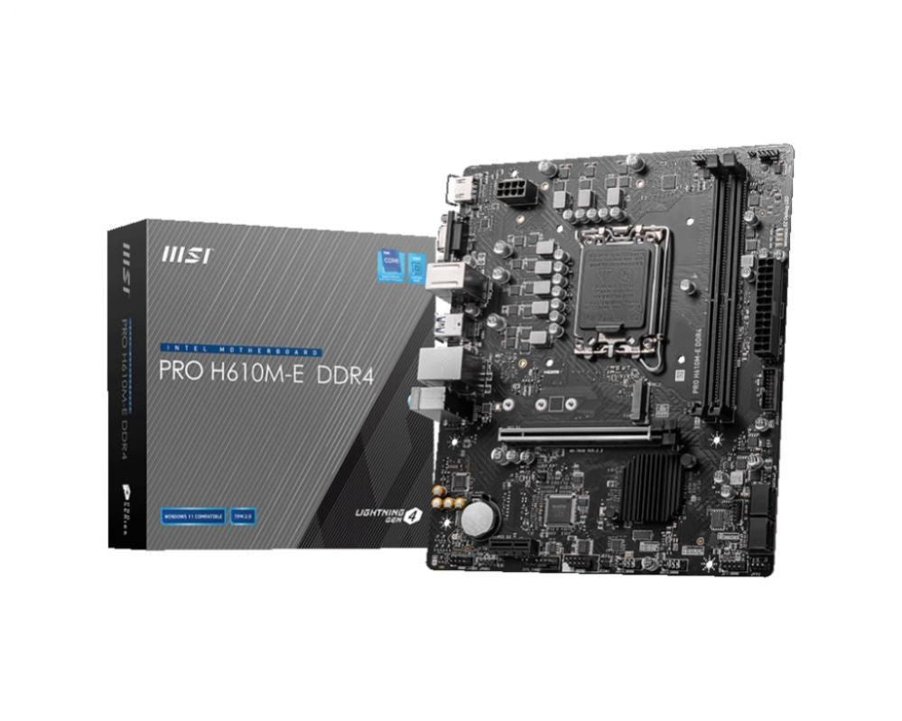 Motherboard for Intel processors MSI  Mainboard||Intel H610|LGA1700|MicroATX|Memory DDR4|Memory slots 2|1xPCI-Express 1x|1xPCI-Express 16x|1xM.2|1x15pin D-sub|1xHDMI|4xUSB 2.0|2xUSB 3.2|1xPS/2|1xRJ45|3xAudio port|PROH610M-EDDR4