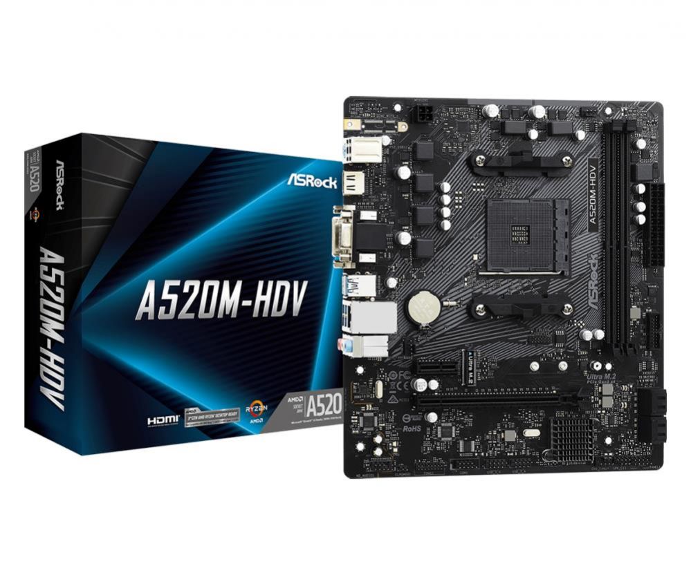 Motherboard for AMD processors Asrock  Mainboard||AMD A520|SAM4|MicroATX|1xPCI-Express 3.0 1x|1xPCI-Express 3.0 16x|1xM.2|Memory DDR4|Memory slots 2|1x15pin D-sub|1xDVI|1xHDMI|2xAudio-In|1xAudio-Out|2xUSB 2.0|4xUSB 3.2|1xPS/2|1xRJ45|A520M-HDV