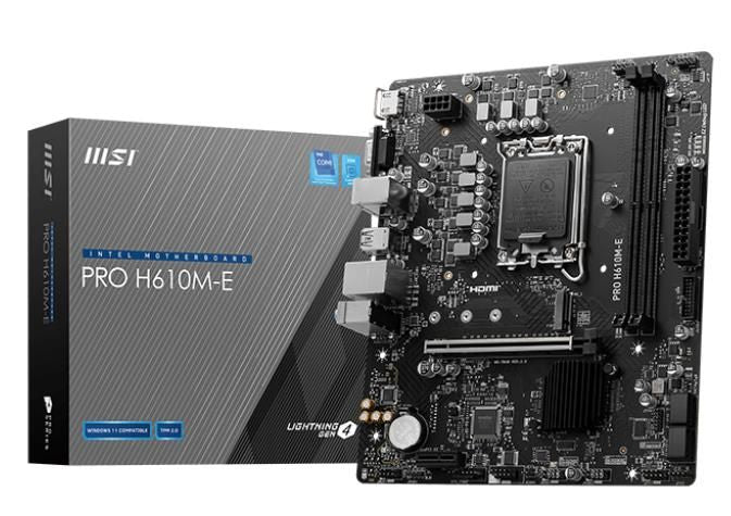 Материнская плата для процессоров Intel MSI  Mainboard||Intel H610|LGA1700|Micro-ATX|Memory DDR5|Memory slots 2|1xPCI-Express 1x|1xPCI-Express 16x|1xM.2|1x15pin D-sub|1xHDMI|4xUSB 2.0|2xUSB 3.2|1xPS/2|1xRJ45|3xAudio port|PROH610M-E