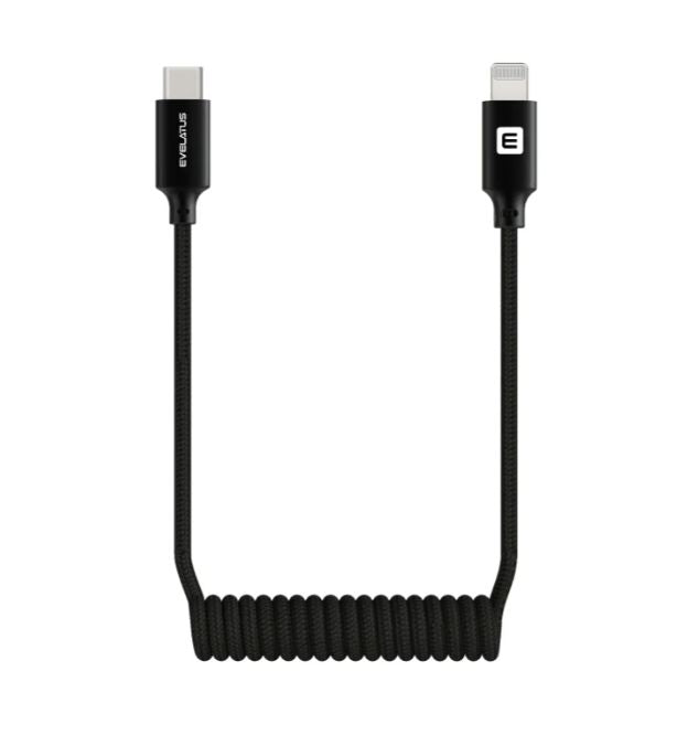 Kaabel Evelatus  AutoSpring Coiled Cable USB C to Lightning connector  1.2M black cable