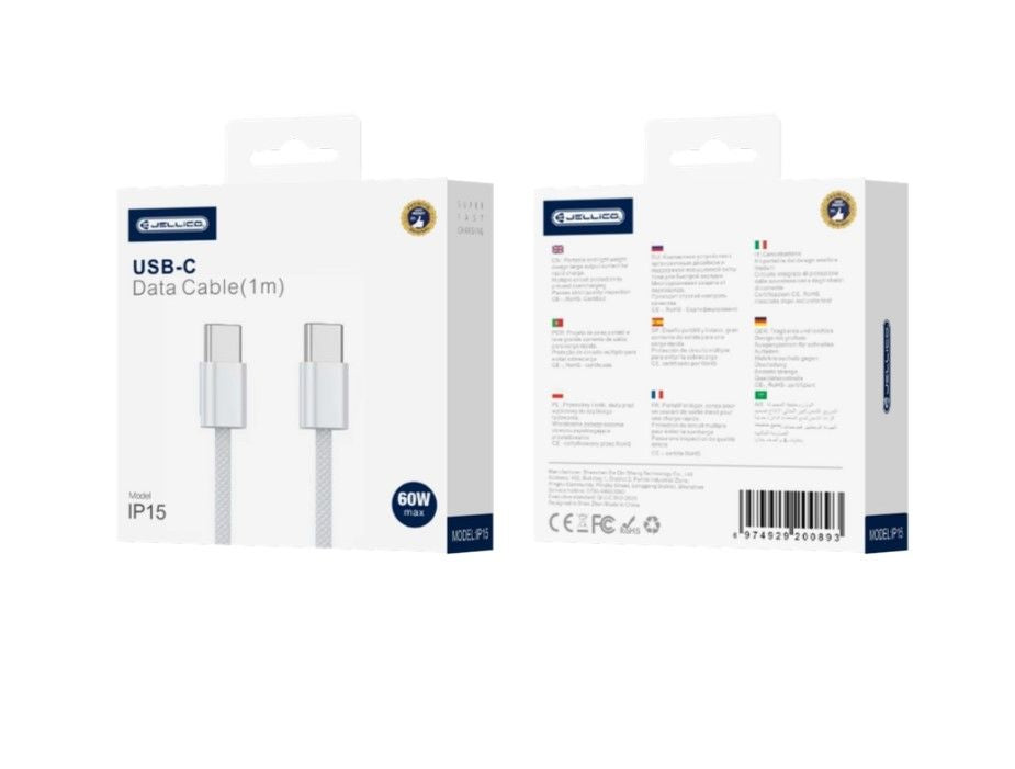 Kaabel Jellico  IP15 Woven Cotton iPhone 15 / 16 USB-C to USB-C Data & Fast PD 60W Charger Cable 1m White