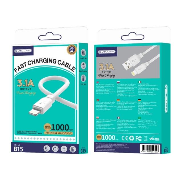 Кабель Jellico  B15 Durable-Soft iPhone & iPad Lightning to USB Data & Fast 3.1A Charger Cable 1m White