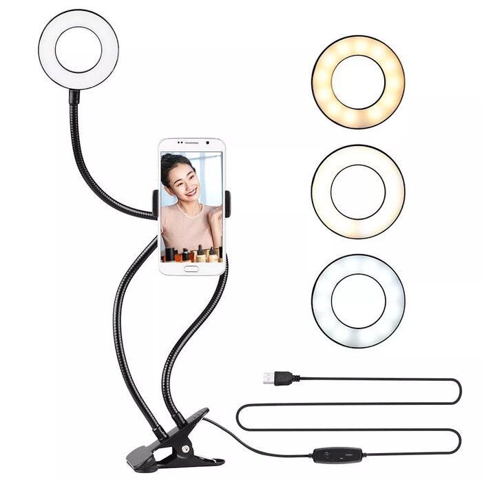 Selfie pulk Elight  TF Desk Clip Live Stream Selfie 11cm Ring LED Light Flash flexi 30cm tube Phone Holder Black