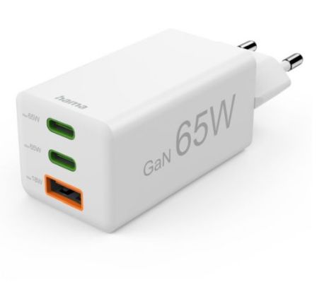Adapter Hama  Mini Euro Plug USB Travel Charger, 2x USB-C, 1x USB-A, 65W White