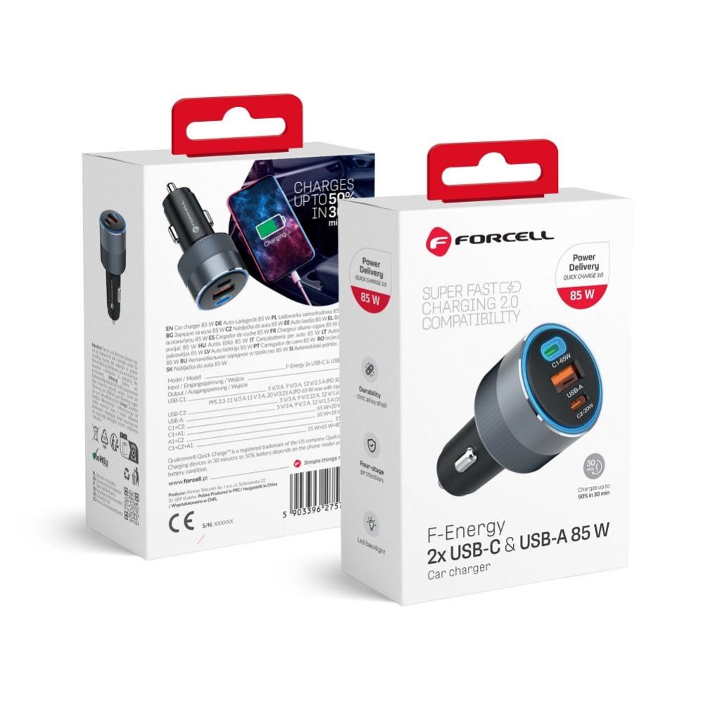 Авто зарядка Forcell  F-Energy Alu car charger 2 x Type C+USB A PD QC4.SFC 2.0 4.5A 85W