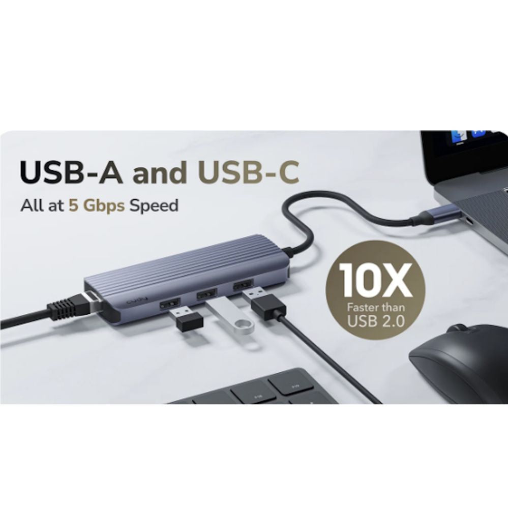 Роутер Cudy  UH606 PortMate USB-C 6-in-1 Hub 4K 60Hz HDMI Gigabit LAN 3x USB-A Power Input Grey