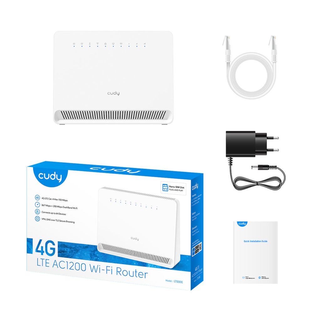 Ruuterid Cudy  LT500ELinkCell AC1200 4G LTE Cat4 Router Dual Band WiFi Nano SIM VPN Mesh Support White