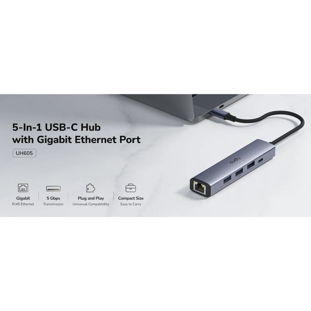 Ruuterid Cudy  UH605 USB-C 5-in-1 Hub Gigabit LAN 3x USB-A 3.0 Power Input Aluminum Grey