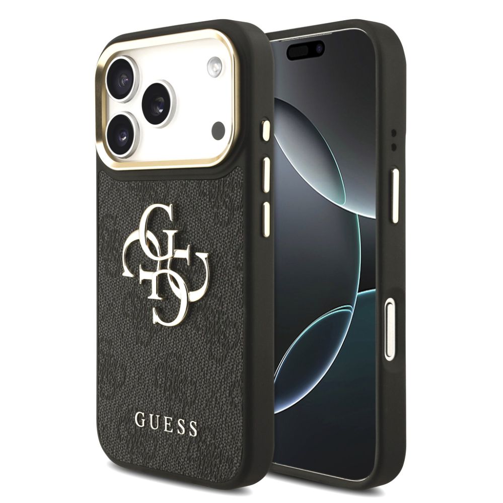Tagakaaned Guess Apple iPhone 17 Pro PU Leather 4G Metal Logo Gold Frame Case Black