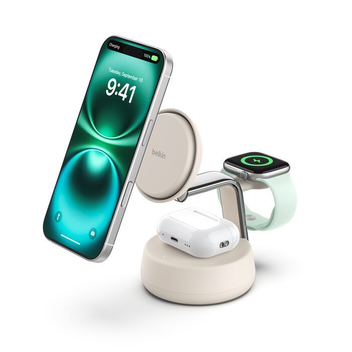 Wireless charger Belkin  UltraCharge Pro 25w Qi2 3in1 Magnetic Charger Sand