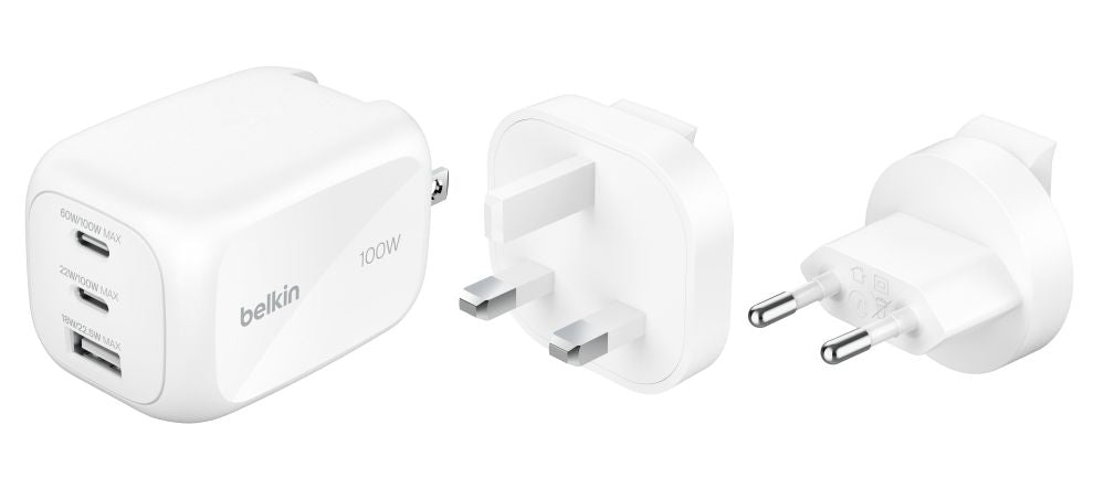 Adaptrid Belkin  BOOSTCHARGE 100w 2C1A Wall Charger with interchangable plug tips UK, EU, US White