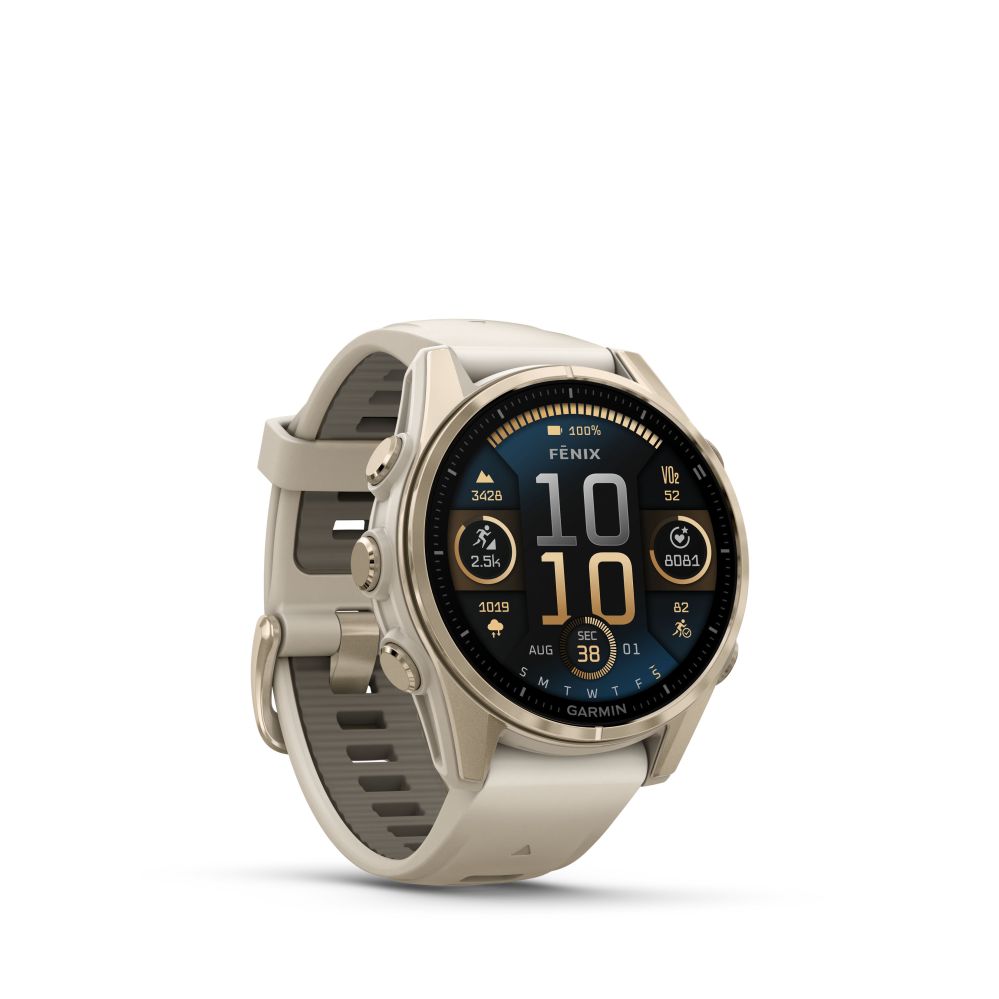 Nutikell Garmin  Fenix 8 – 43 mm, AMOLED Sapphire, Soft Gold with Fog grey/dark sandstone silicone band/ 010-02903-11