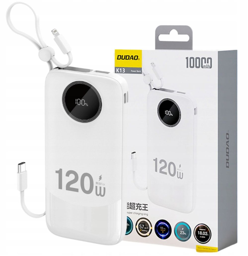 Väline aku Dudao  120W fast charge built-in cable digital display 10000mAh White