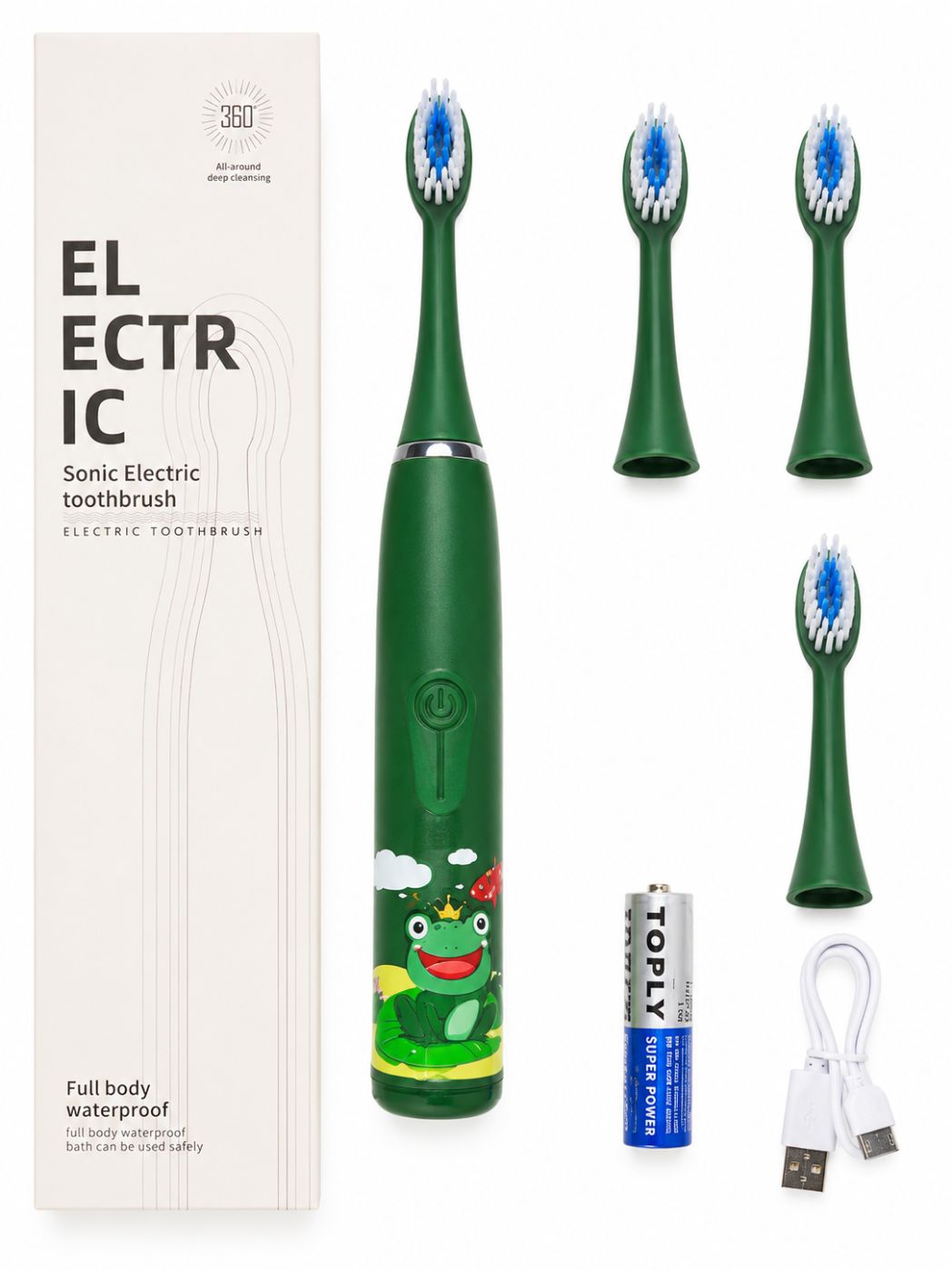 Зубная щётка iLike  Kids Sonic Electric Toothbrush, Waterproof, 5 Brush Heads (1+4 Replacement Heads), Battery Powered, Soft Bristles, Green Frog Design Green
