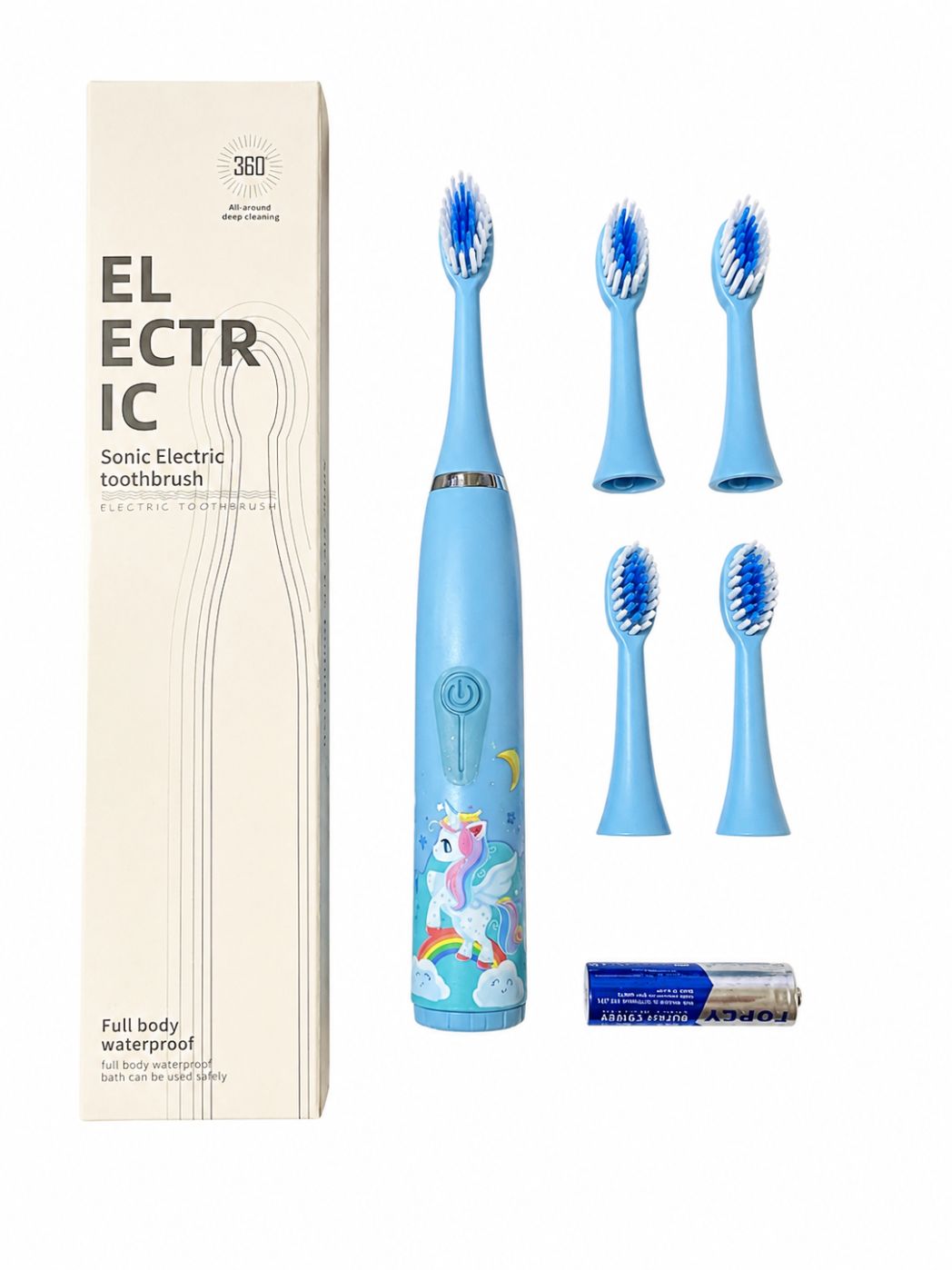 Hambahari iLike  Kids Sonic Electric Toothbrush, Waterproof, 5 Brush Heads (1+4 Replacement Heads), Battery Powered, Soft Bristles, Unicorn Design, Blue Blue