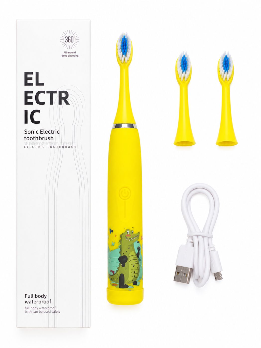 Hambahari iLike  Kids Rechargeable Sonic Electric Toothbrush, USB Charging, 3 Brush Heads (1+2 Replacement Heads), Soft Bristles, Waterproof, Yellow Crocodile Design Yellow