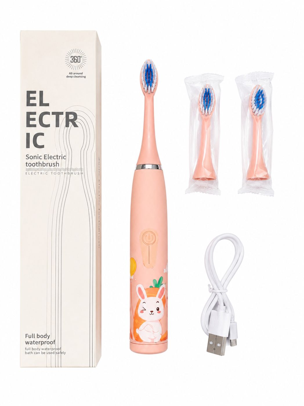 Hambahari iLike  Kids Rechargeable Sonic Electric Toothbrush, USB Charging, 3 Brush Heads (1+2 Replacement Heads), Soft Bristles, Waterproof, Bunny Design, Pink Pink