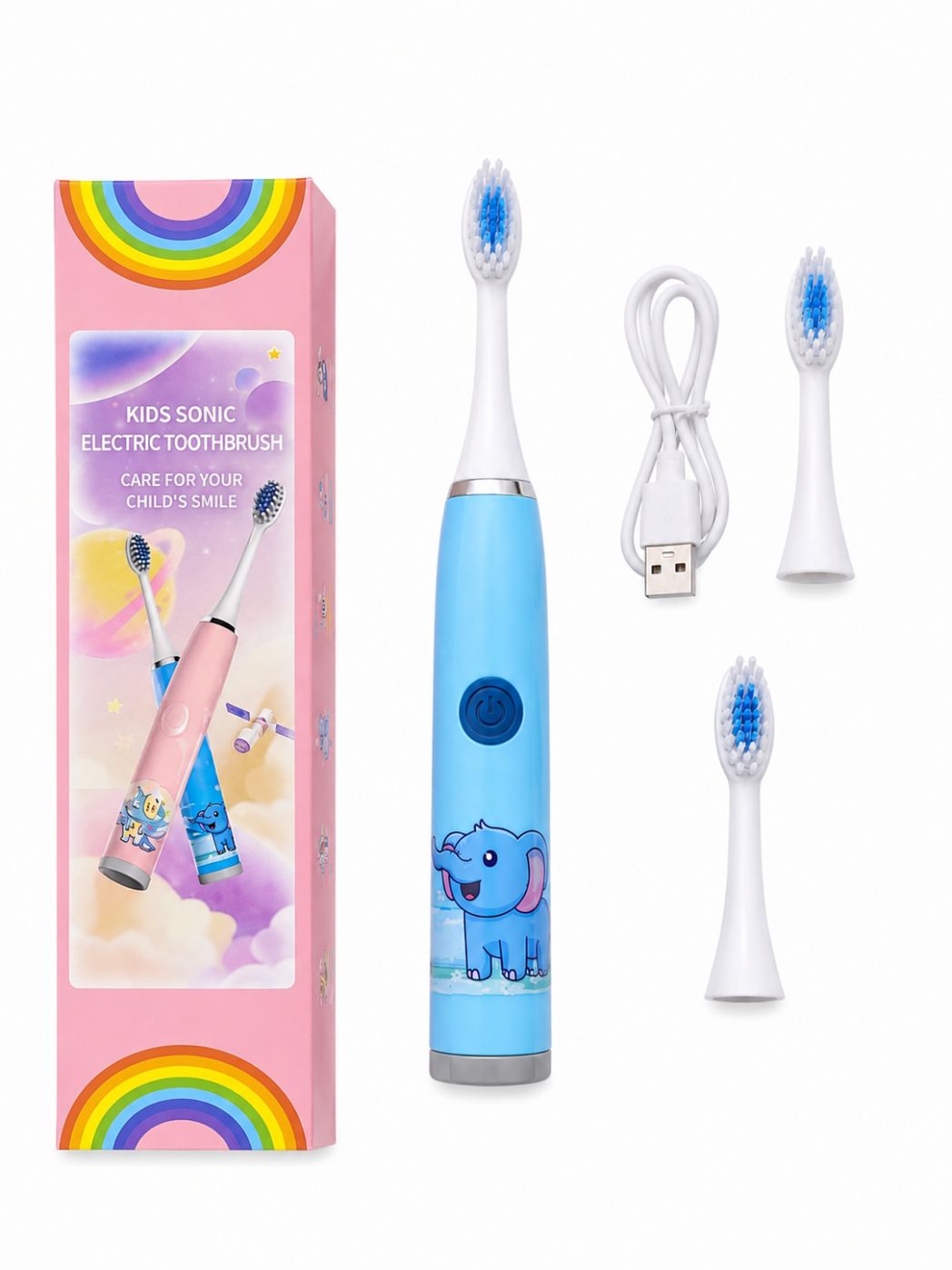 Зубная щётка iLike  Kids Rechargeable Sonic Electric Toothbrush, USB Charging, 3 Brush Heads (1+2 Replacement Heads), Soft Bristles, Waterproof, Blue Elephant Design Blue
