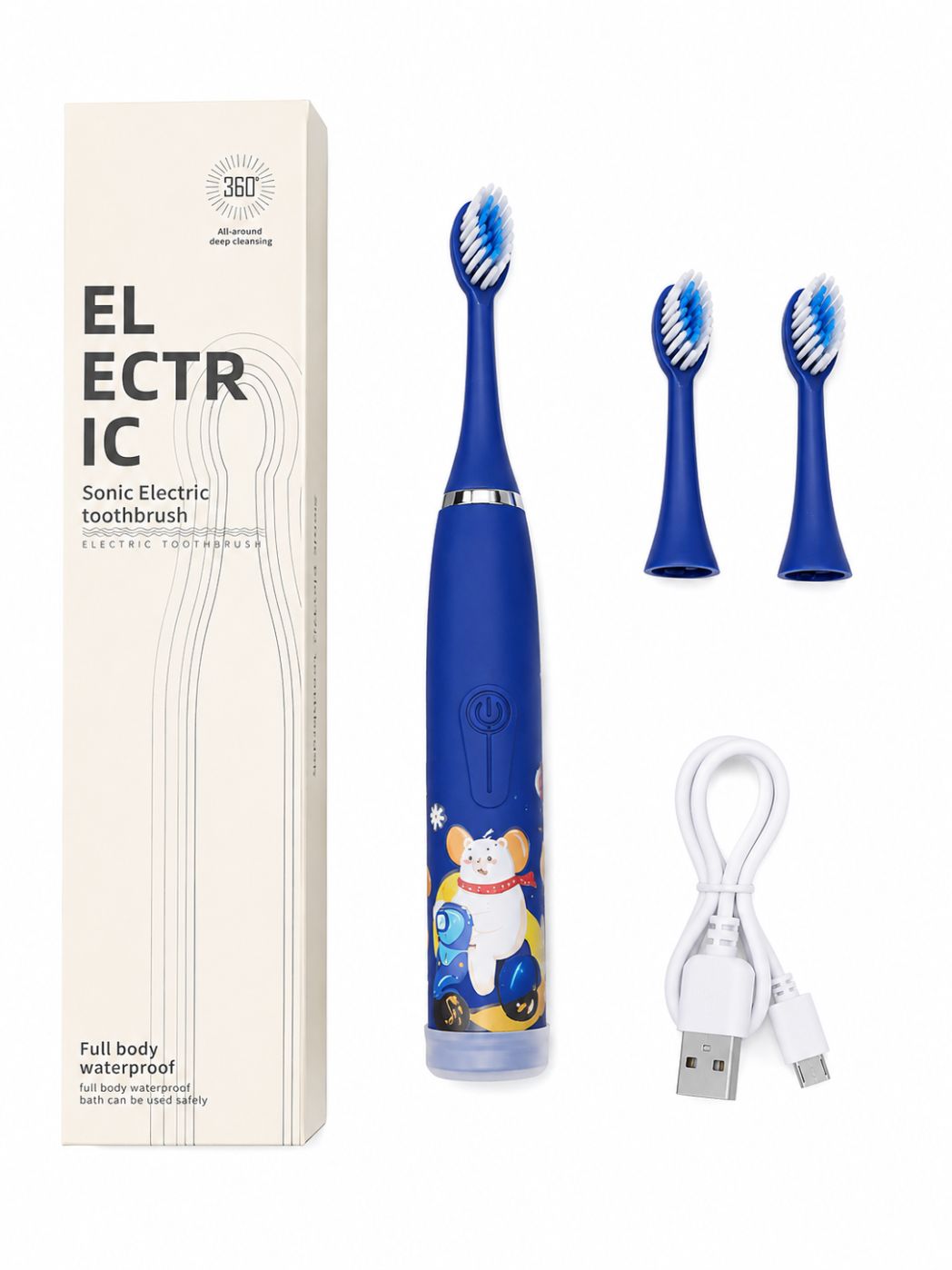 Зубная щётка iLike  Kids Rechargeable Sonic Electric Toothbrush, USB Charging, 3 Brush Heads (1+2 Replacement Heads), Soft Bristles, Waterproof, Blue Bear Design Blue