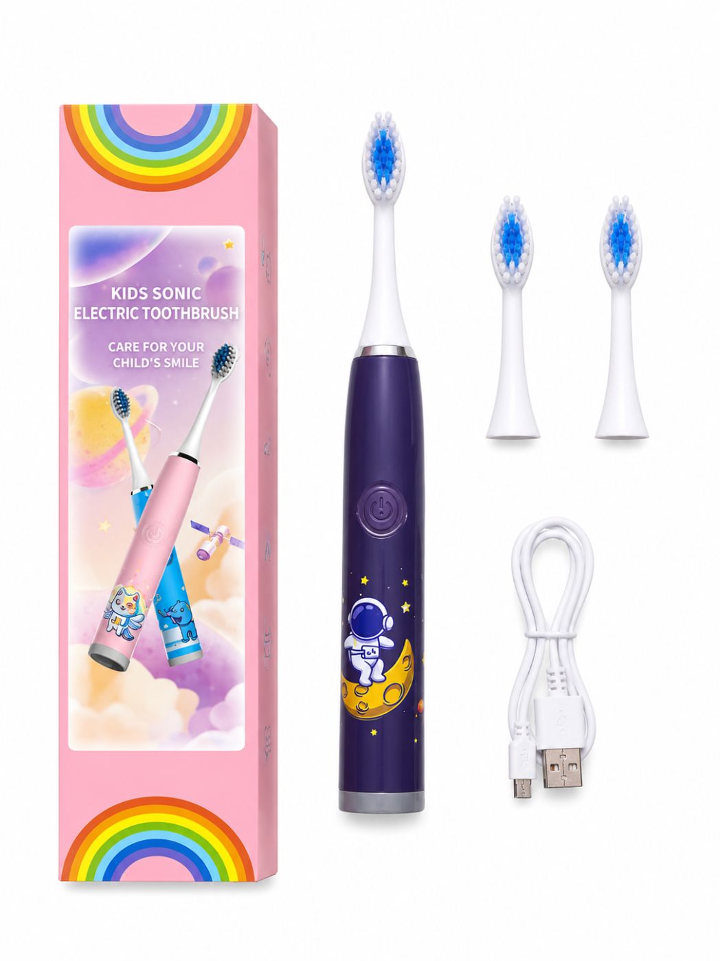 Hambahari iLike  Kids Rechargeable Sonic Electric Toothbrush, USB Charging, 3 Brush Heads (1+2 Replacement Heads), Soft Bristles, Waterproof, Space Astronaut Design Purple