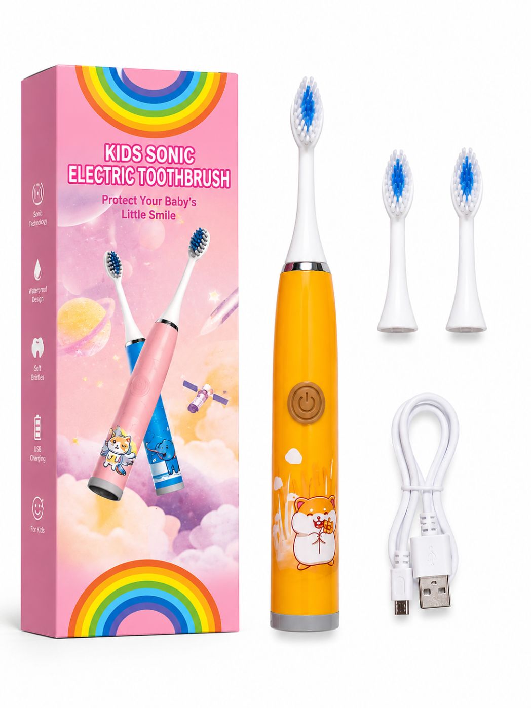 Зубная щётка iLike  Kids Rechargeable Sonic Electric Toothbrush, USB Charging, 3 Brush Heads (1+2 Replacement Heads), Soft Bristles, Waterproof, Cute Hamster Design Orange