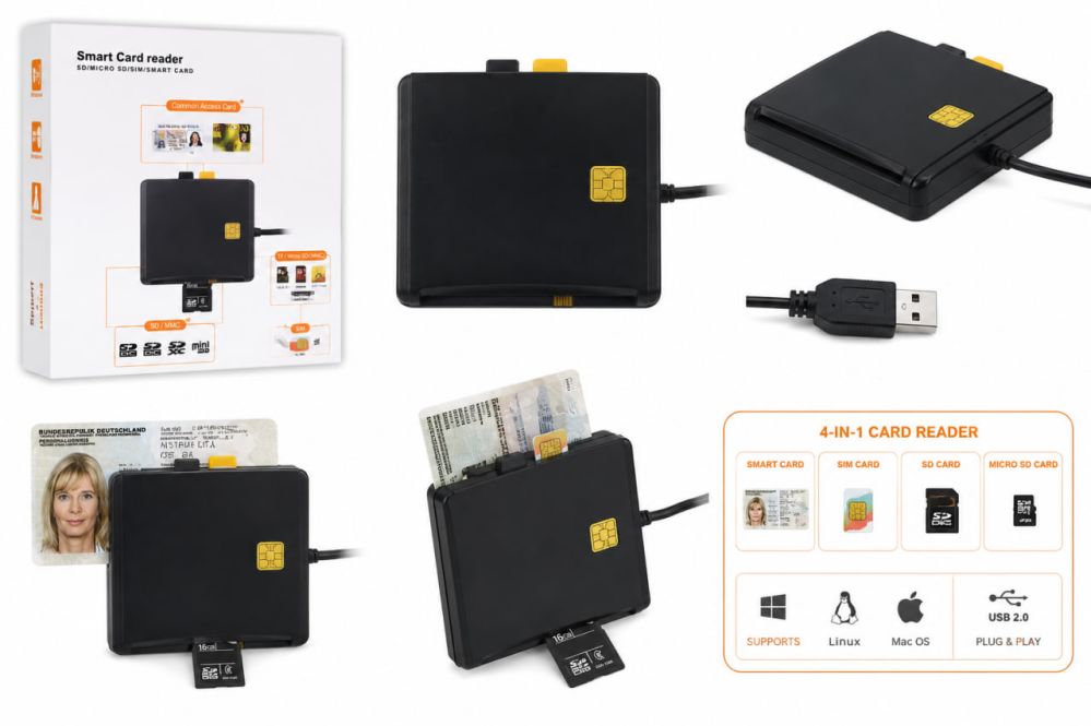 Переходник iLike  4-in-1 USB Smart Card Reader with SIM, SD & Micro SD Support, CAC Reader for ID Cards, Bank Cards, eID and Memory Cards Black