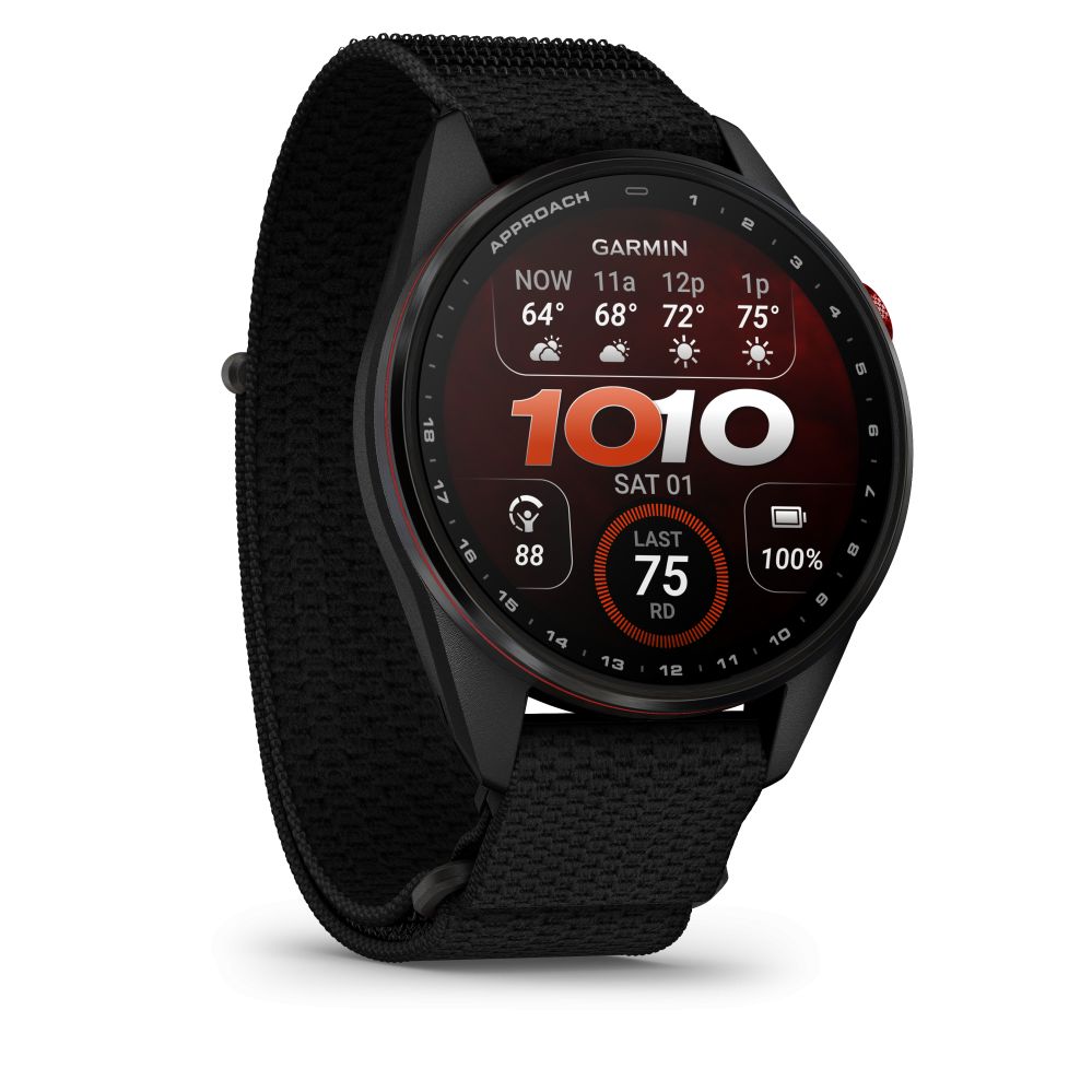 Nutikell Garmin  Approach S72 – 47 mm
Carbon Gray/Red DLC Titanium Bezel with Black ComfortFit Fabric Band