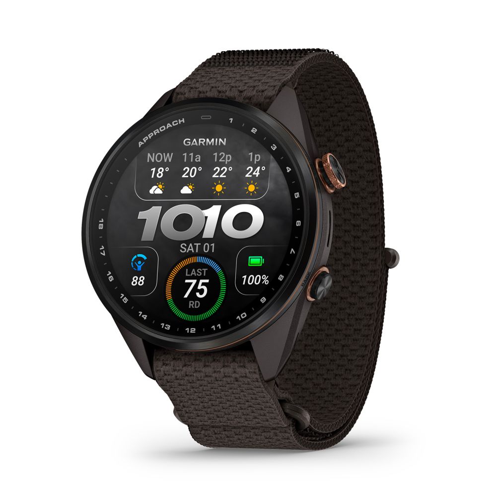Nutikell Garmin  Approach S72 – 43 mm
Carbon Gray/Heritage Bronze DLC Titanium Bezel with Pebble Grey ComfortFit Fabric Band