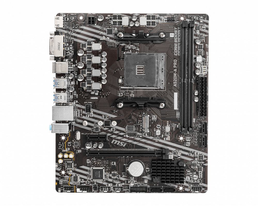 Материнская плата для процессоров Intel MSI  A520M-A PRO Processor family AMD, Processor socket AM4, DDR4, Memory slots 2, Chipset AMD A, Micro ATX