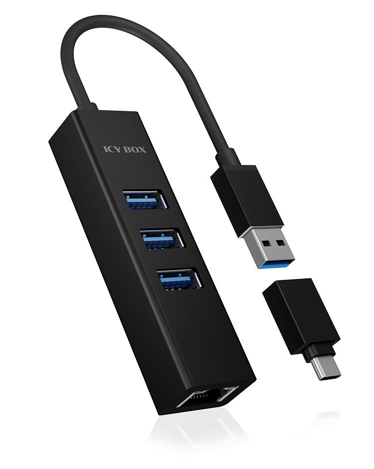 Routers Raidsonic  4 Port Hub with USB 3.0 Type-A, Type-C, Gigabit LAN Icy Box IB-HUB1419-LAN Black
