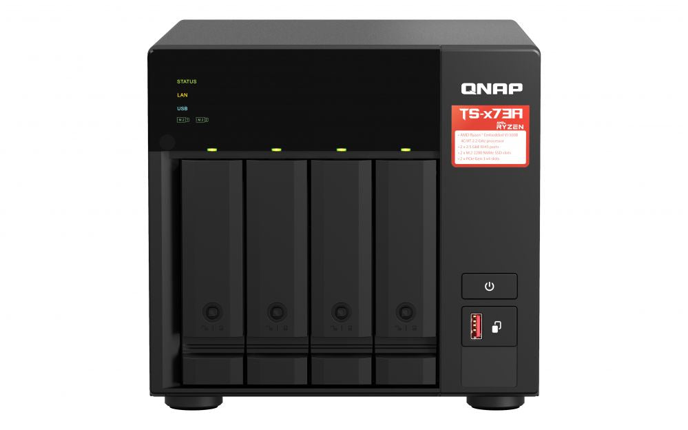 Флеш-накопитель QNAP  4-Bay QTS and QuTS hero NAS TS-473A-8G Up to 4 HDD/SSD Hot-Swap, Ryzen V1500B Quad-Core, Processor frequency 2.2 GHz, 8 GB, DDR4, 2x2.5GbE, 3xUSB Type A 3.2 Gen 2, 1xUSB Type C 3.2 Gen 1, 2xPCIe, 2xM.2 2280 PCIe Gen3 x1 slots
