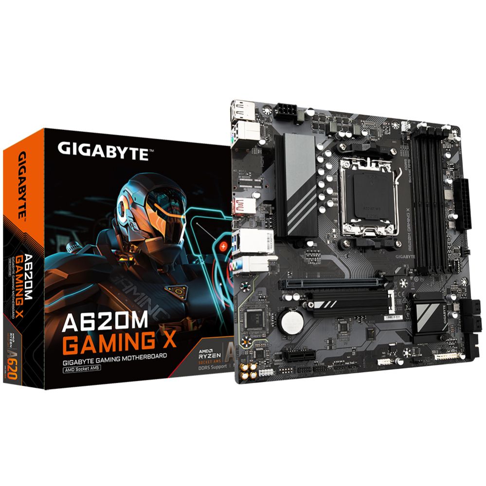 Intel protsessori emaplaat Gigabyte  A620M GAMING XG10 Processor family AMD, Processor socket AM5, DDR5 DIMM, Memory slots 4, Supported hard disk drive interfaces 	SATA, M.2, Number of SATA connectors 4, Chipset AMD A620, Micro ATX