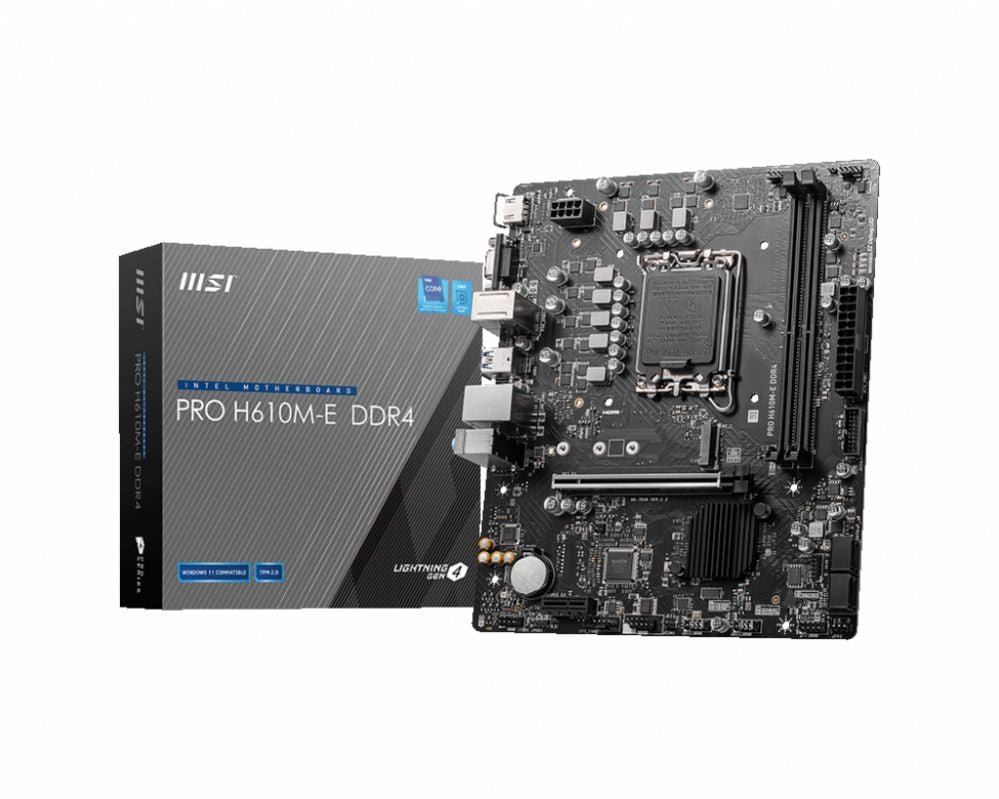 Материнская плата для процессоров Intel MSI  PRO H610M-E DDR4 Processor family Intel, Processor socket  LGA1700, DDR4 DIMM, Memory slots 2, Supported hard disk drive interfaces 	SATA, M.2, Number of SATA connectors 4, Chipset Intel H610, Mirco-ATX