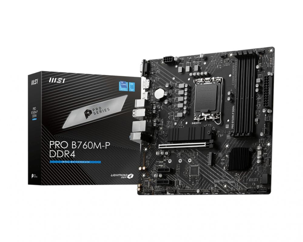 Intel protsessori emaplaat MSI  PRO B760M-P DDR4 Processor family Intel, Processor socket  LGA1700, DDR4 DIMM, Memory slots 4, Supported hard disk drive interfaces 	SATA, M.2, Number of SATA connectors 4, Chipset Intel B760, mATX