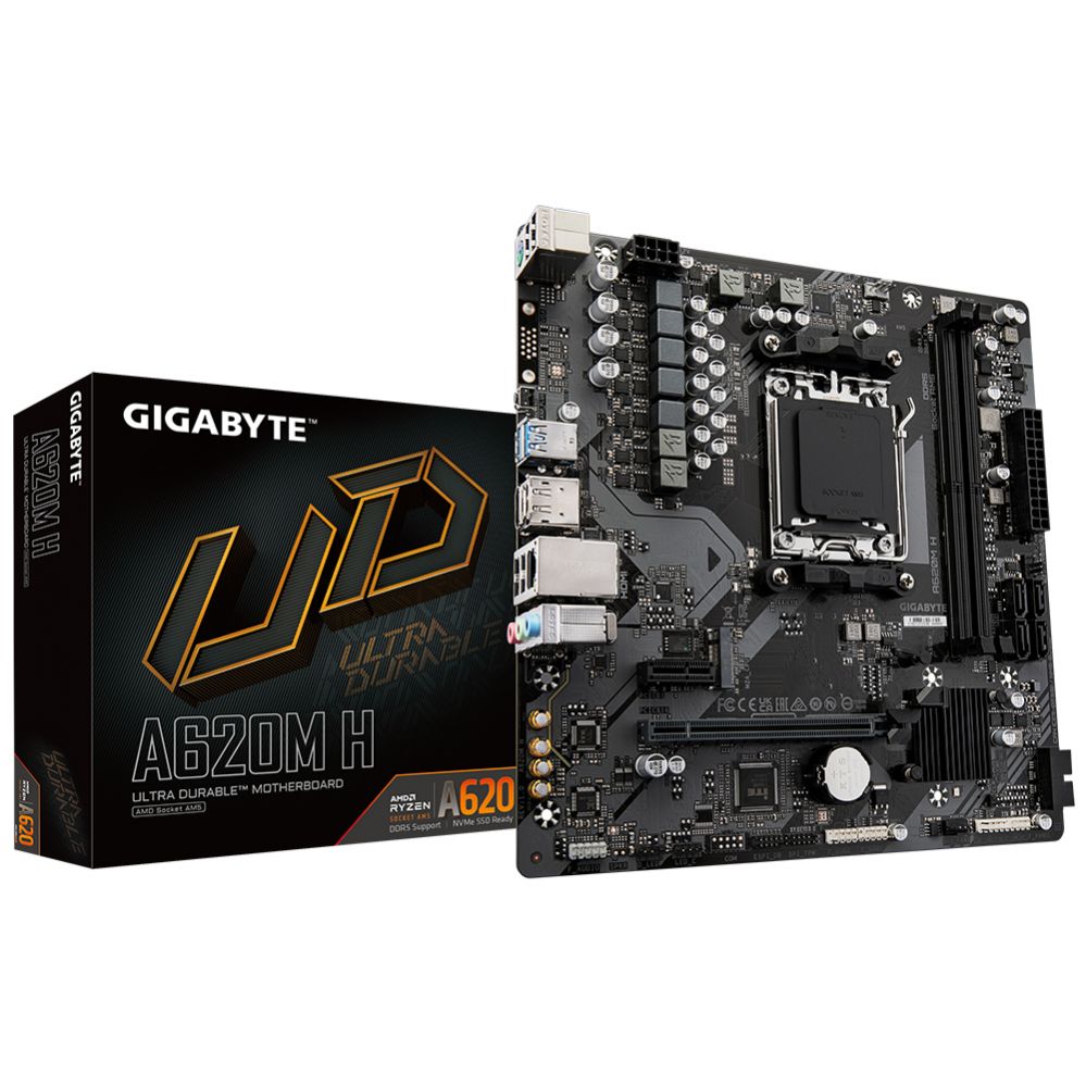 Intel protsessori emaplaat Gigabyte  A620M H 1.0 M/B Processor family AMD, Processor socket AM5, DDR5 DIMM, Memory slots 2, Supported hard disk drive interfaces 	SATA, M.2, Number of SATA connectors 4, Chipset AMD A620, Micro ATX